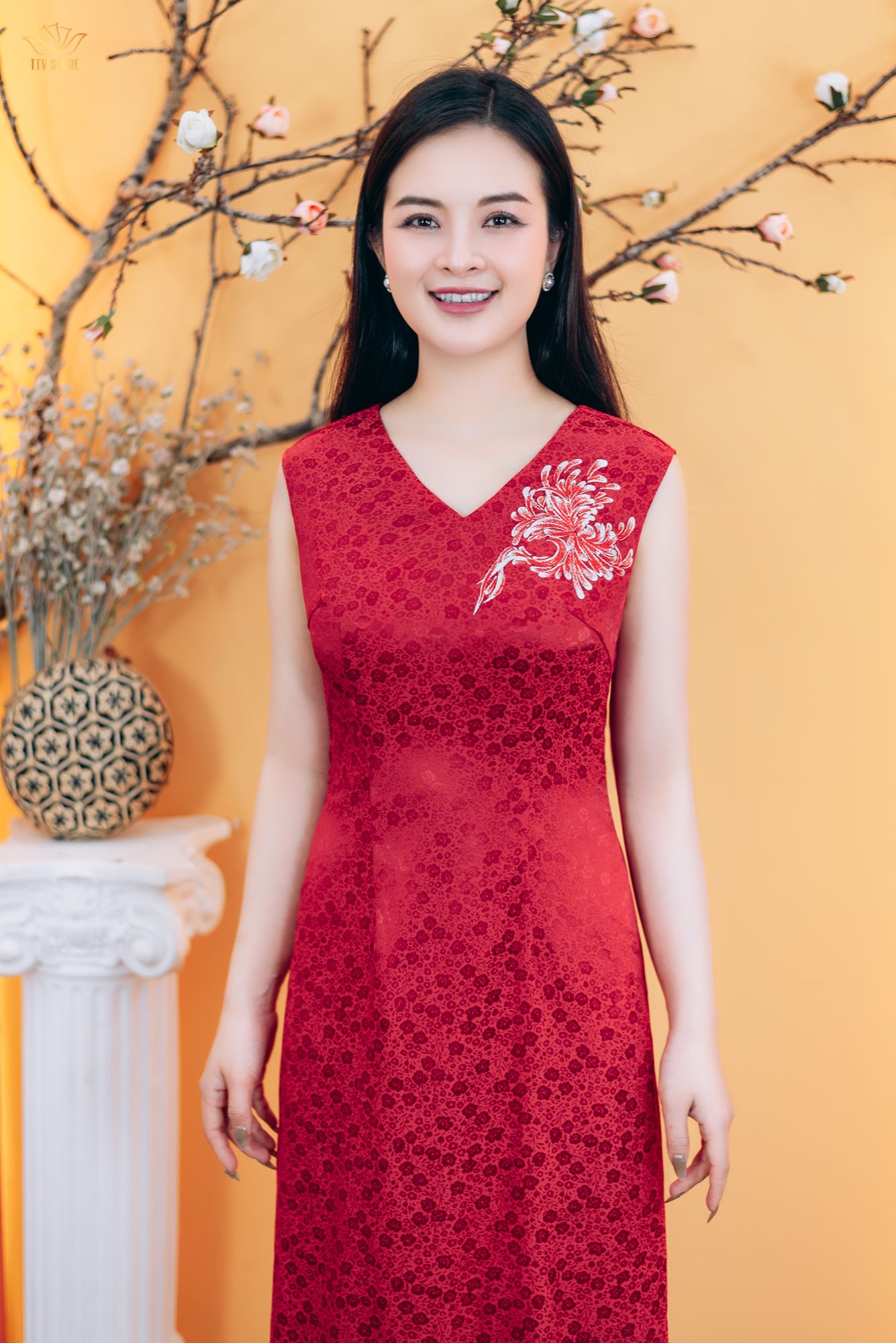 Đầm suông - Cổ tim hoa thêu tay sát nách - CT - Đỏ - TTV1781