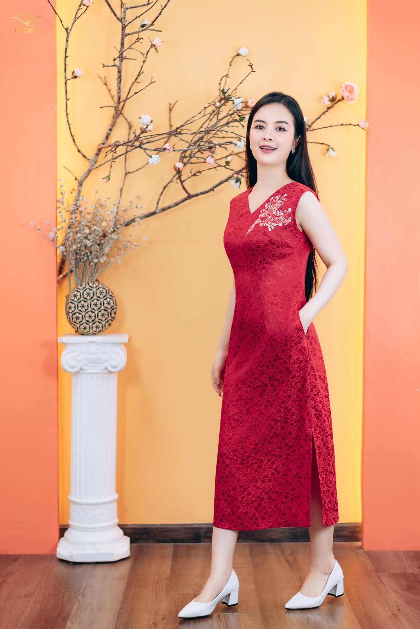 Đầm suông - Cổ tim hoa thêu tay sát nách - CT - Đỏ - TTV1781