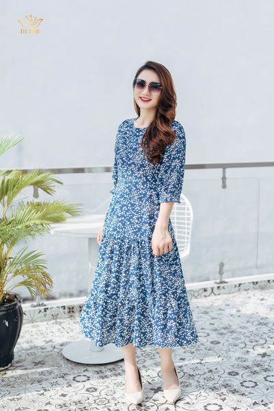 Maxi - Cổ tròn tay lỡ - CD - Xanh hoa trắng - TTV1163