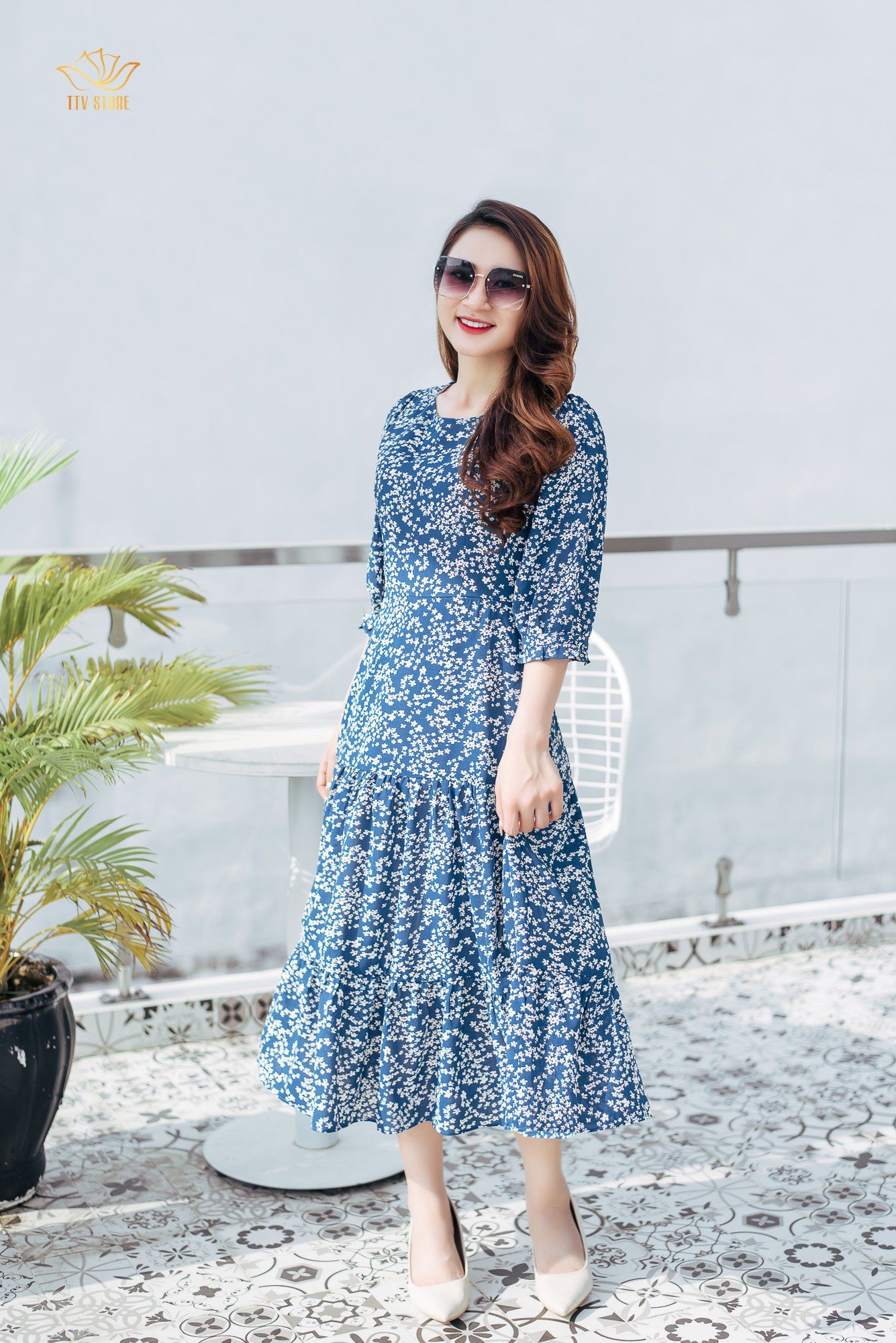 Maxi - Cổ tròn tay lỡ - CD - Xanh hoa trắng - TTV1163