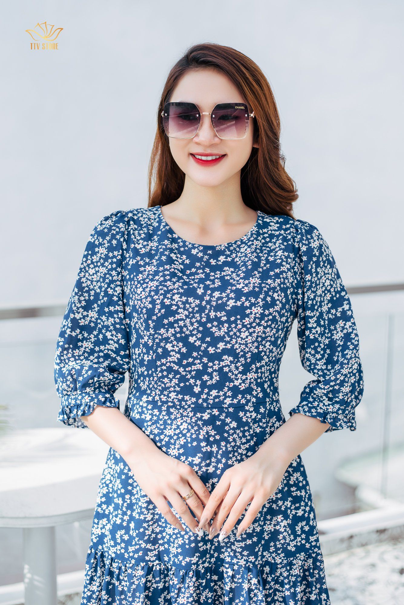 Maxi - Cổ tròn tay lỡ - CD - Xanh hoa trắng - TTV1163