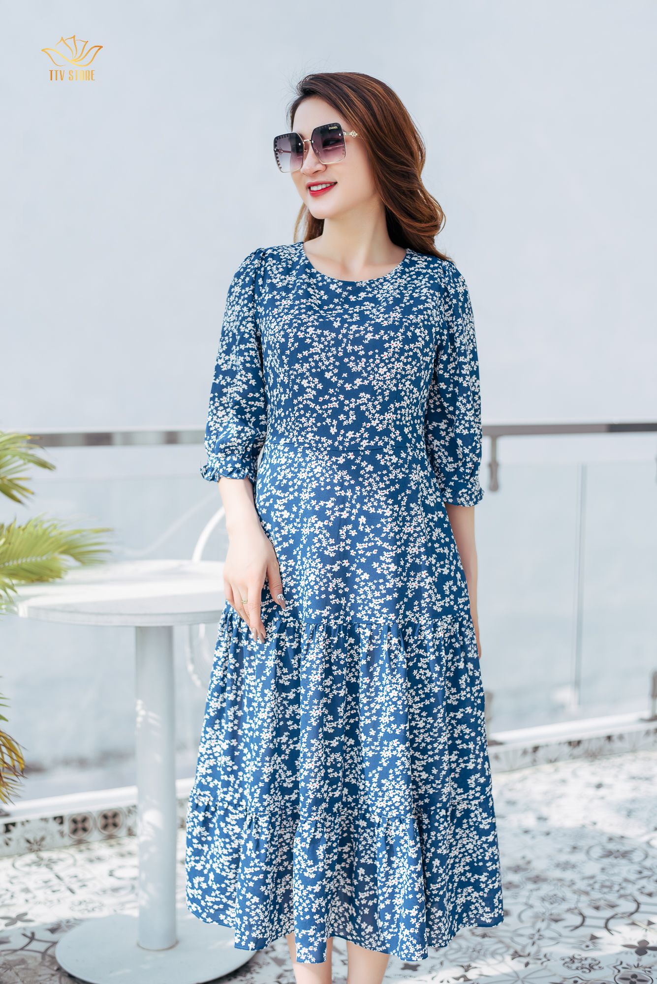 Maxi - Cổ tròn tay lỡ - CD - Xanh hoa trắng - TTV1163