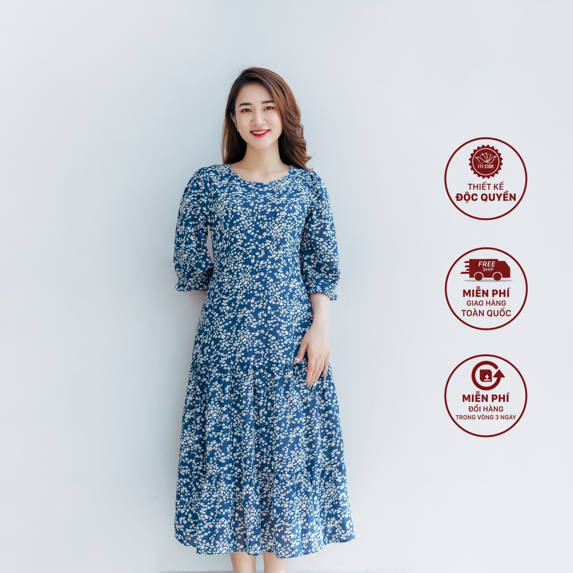 Maxi - Cổ tròn tay lỡ - CD - Xanh hoa trắng - TTV1163