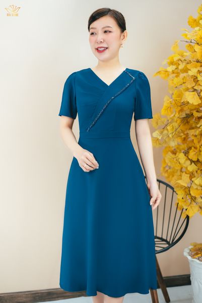 Đầm xòe - Cổ tim đắp chéo tay ngắn - CT - Xanh cổ vịt - TTV1487