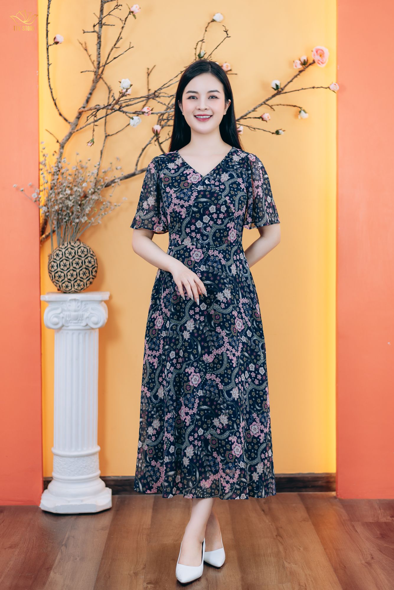 Đầm xòe - Cổ tim tay loe - CT - Xanh hoa - TTV1787