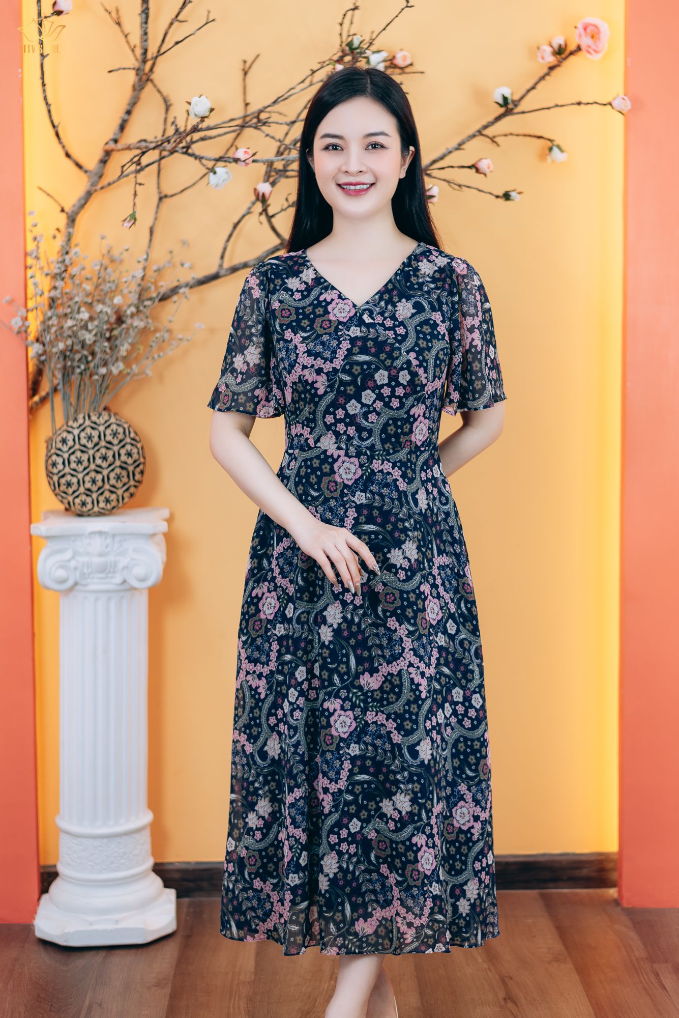 Đầm xòe - Cổ tim tay loe - CT - Xanh hoa - TTV1787