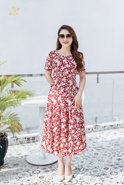Maxi - Cổ tròn tay ngắn - CD - Đỏ hoa kem - TTV1173