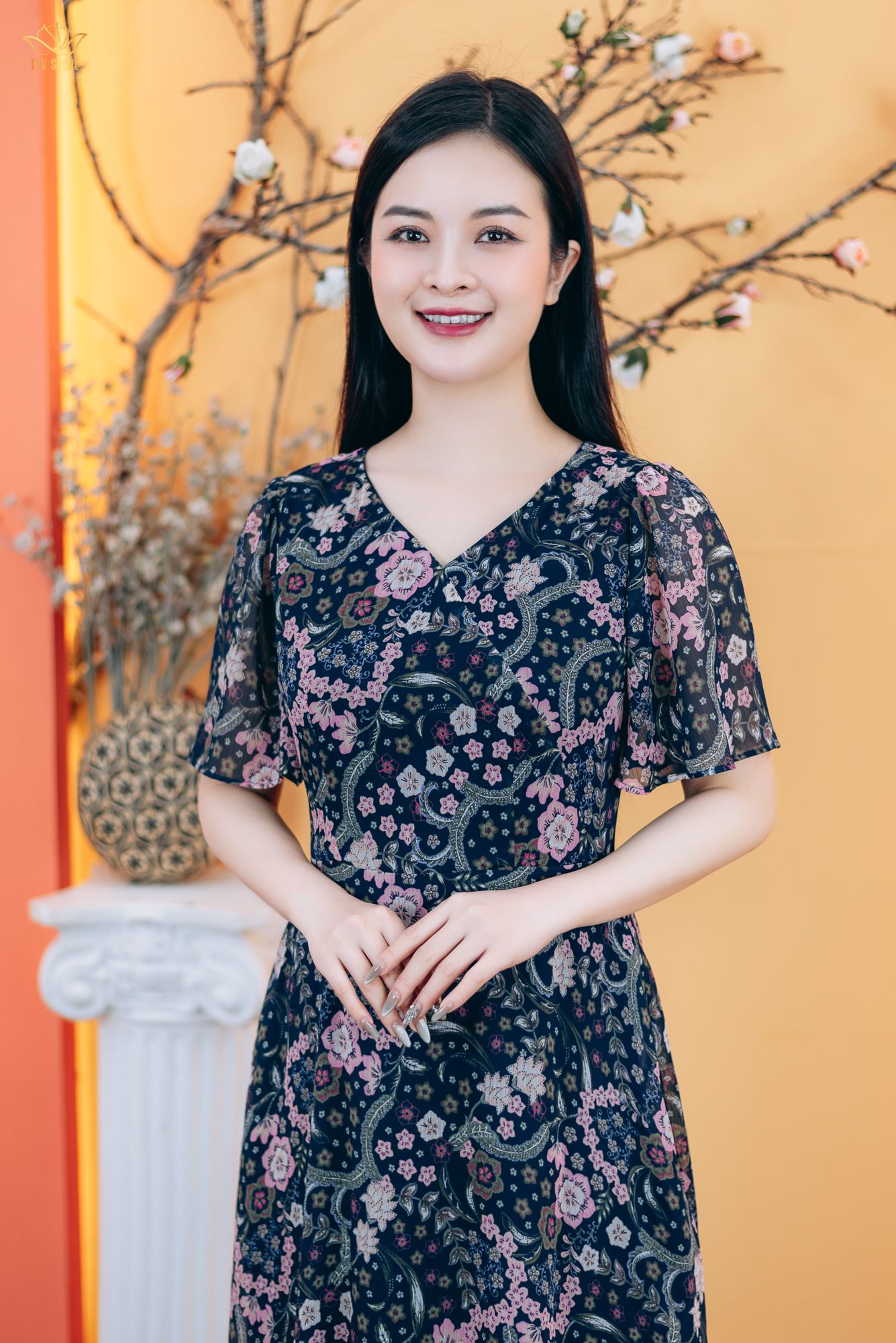 Đầm xòe - Cổ tim tay loe - CT - Xanh hoa - TTV1787