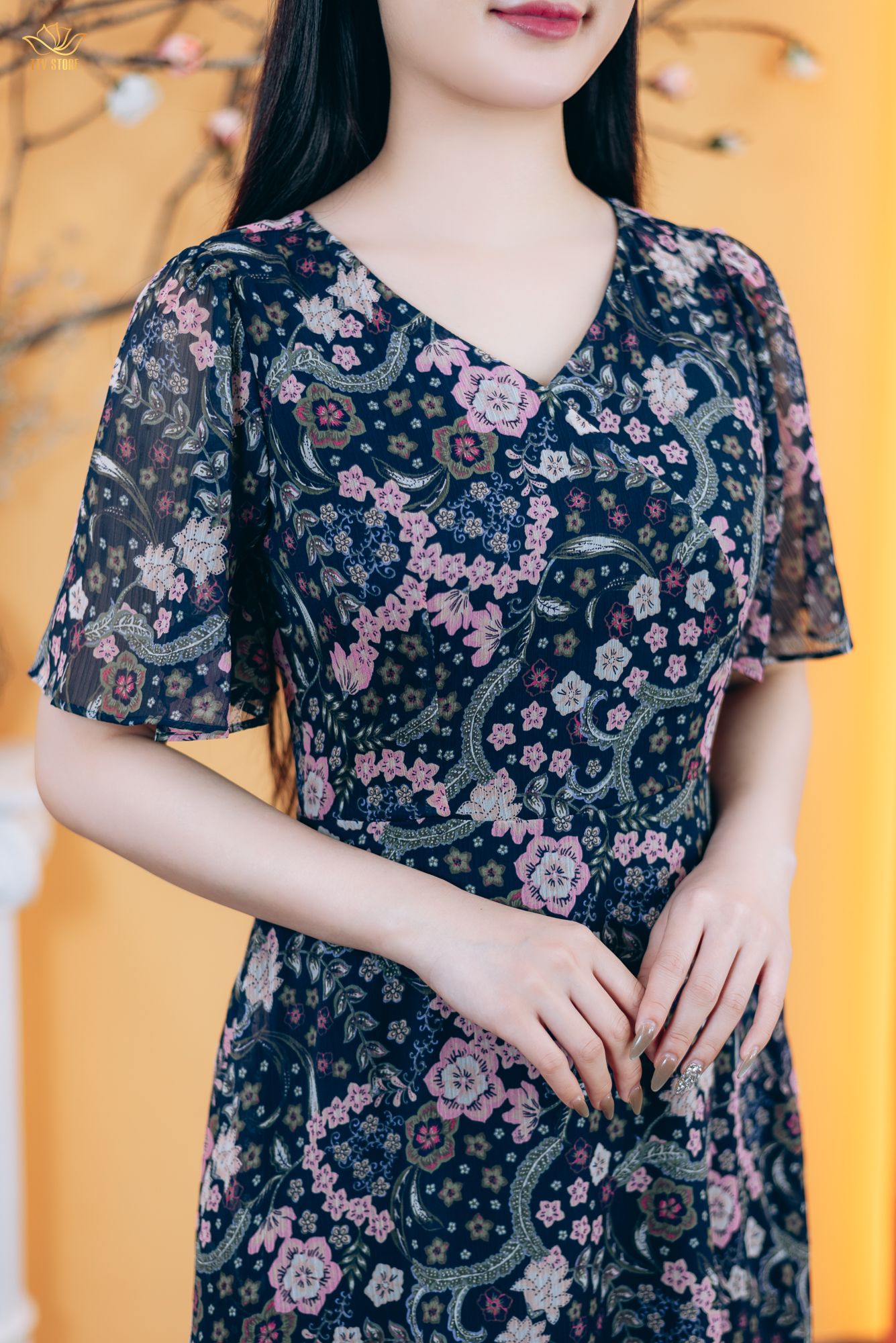 Đầm xòe - Cổ tim tay loe - CT - Xanh hoa - TTV1787