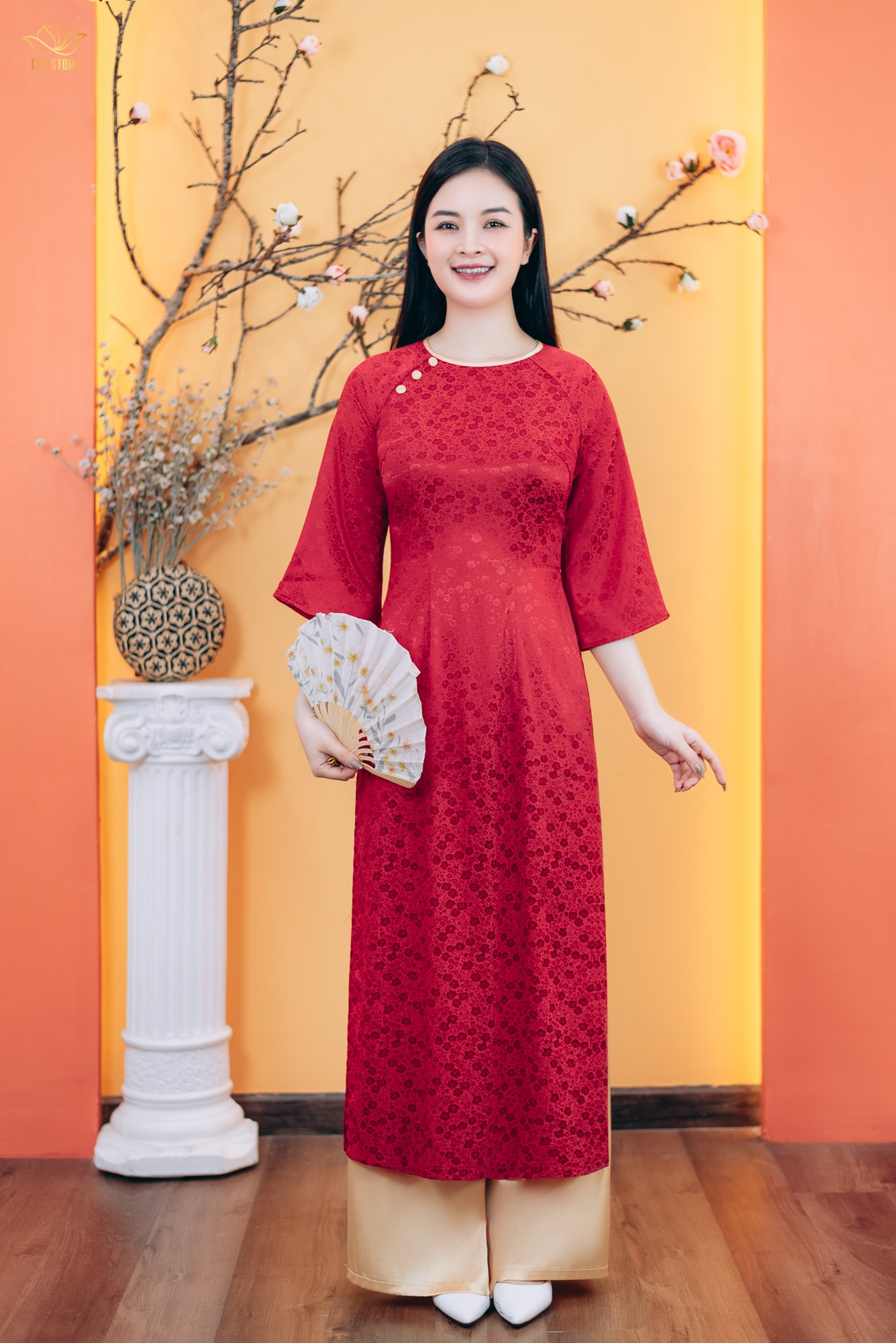 Áo dài - Cổ tròn kết nút tay lỡ - CD - Đỏ hoa - TTV1783