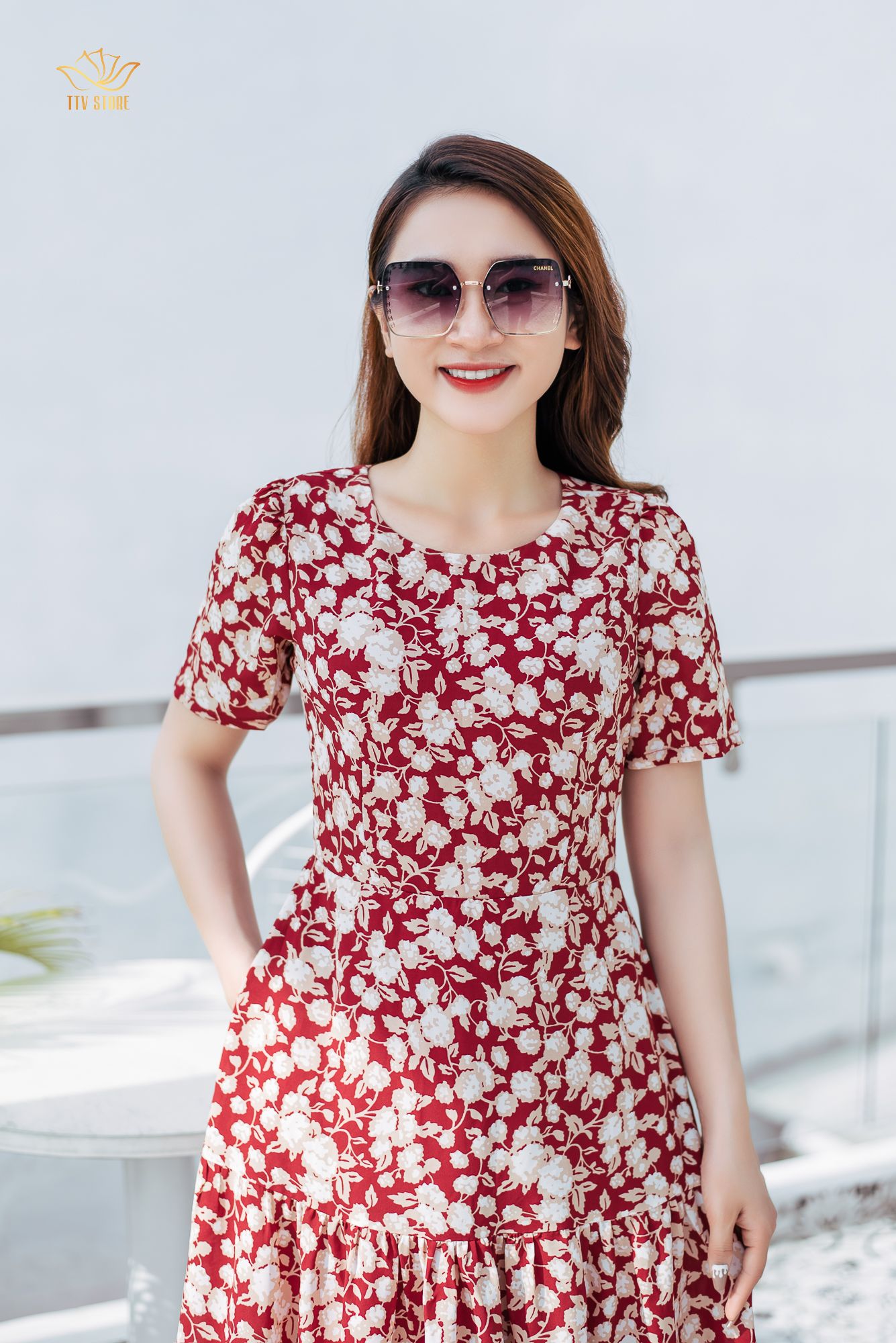 Maxi - Cổ tròn tay ngắn - CD - Đỏ hoa kem - TTV1173