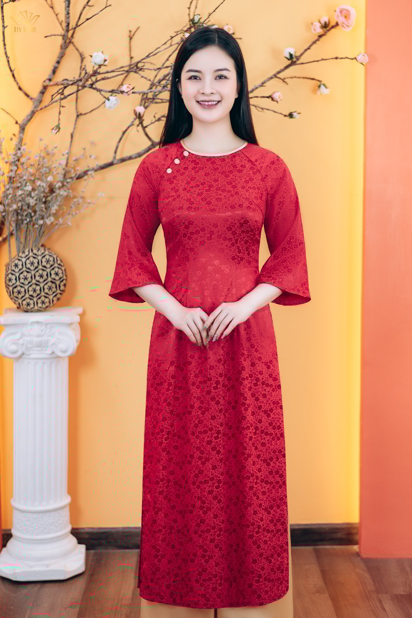 Áo dài - Cổ tròn kết nút tay lỡ - CD - Đỏ hoa - TTV1783