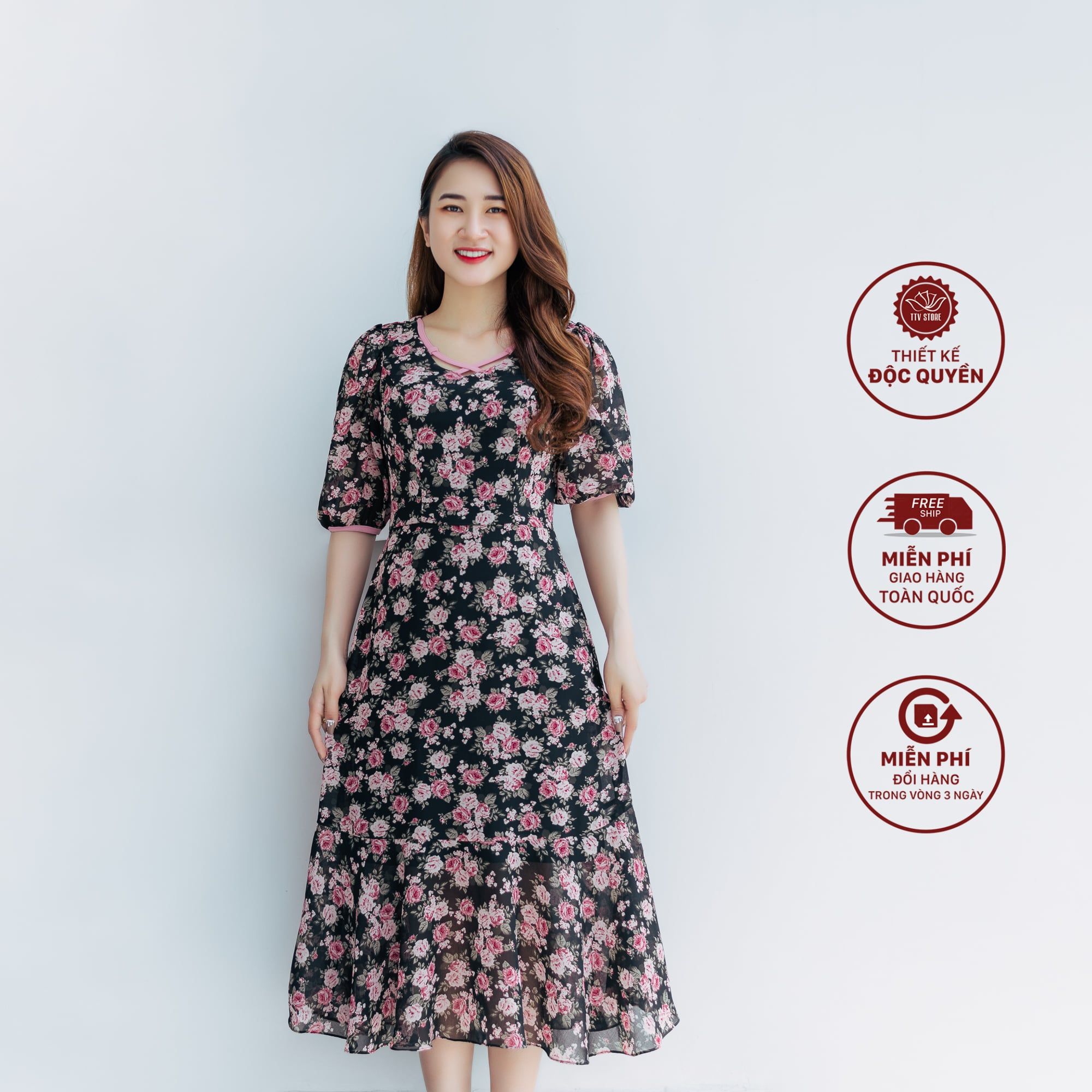 Maxi - Cổ tim đan dây tay lỡ - CT - Đen hoa hồng - TTV1170