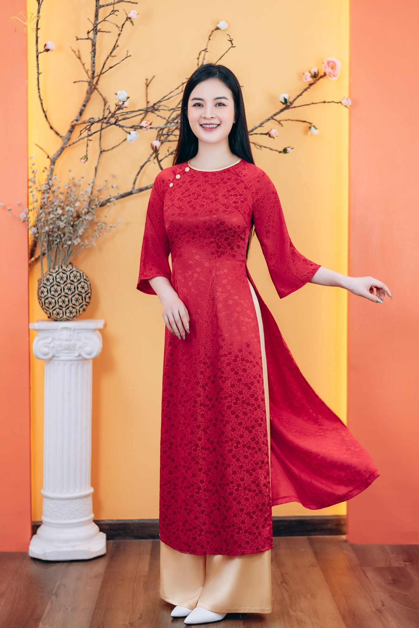 Áo dài - Cổ tròn kết nút tay lỡ - CD - Đỏ hoa - TTV1783