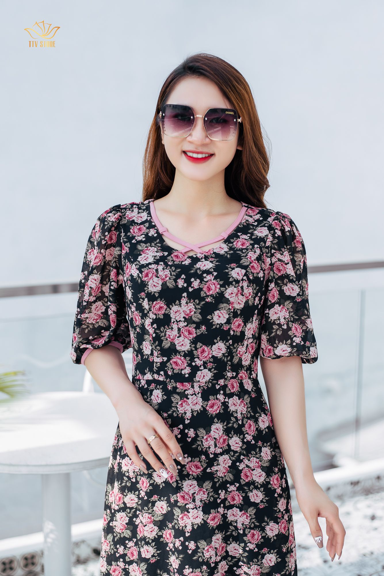 Maxi - Cổ tim đan dây tay lỡ - CT - Đen hoa hồng - TTV1170