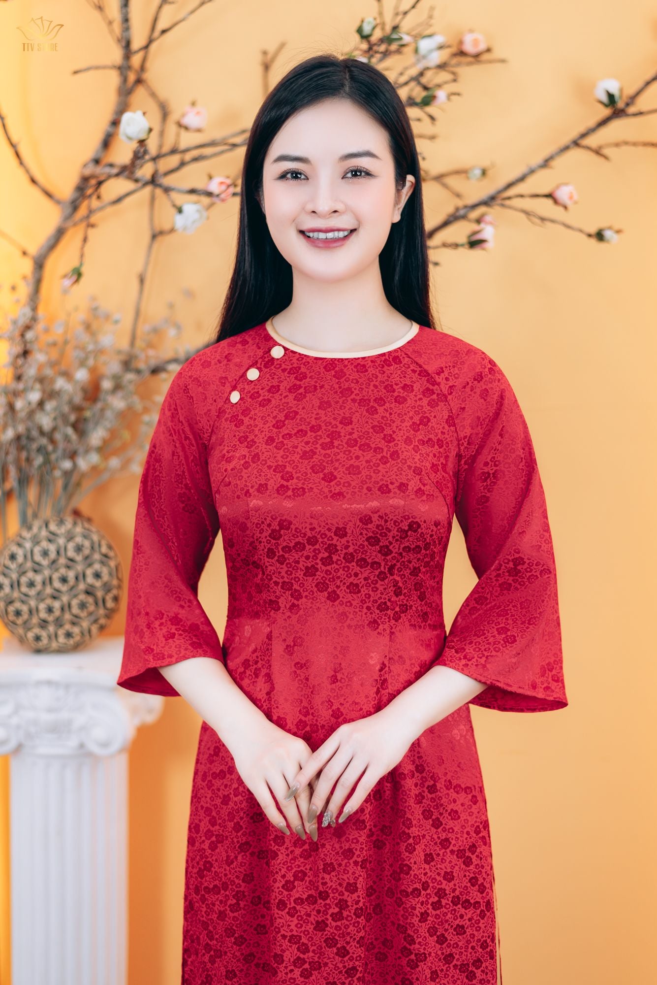 Áo dài - Cổ tròn kết nút tay lỡ - CD - Đỏ hoa - TTV1783