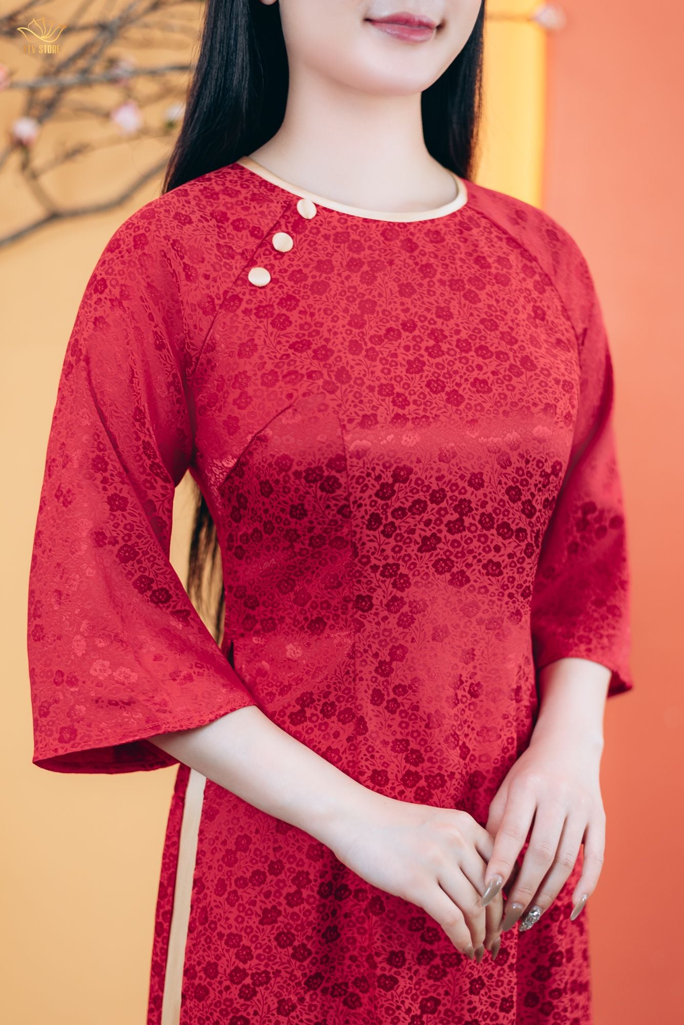 Áo dài - Cổ tròn kết nút tay lỡ - CD - Đỏ hoa - TTV1783