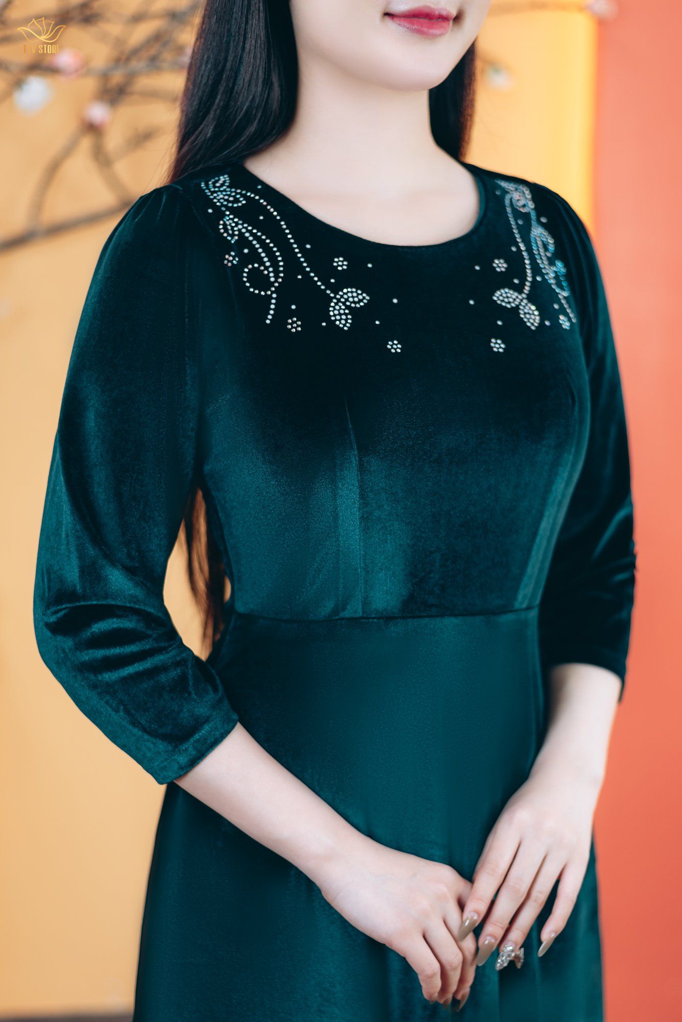 Đầm xòe - Cổ tròn đính hạt đá tay lỡ - AH - Xanh rêu - TTV1784