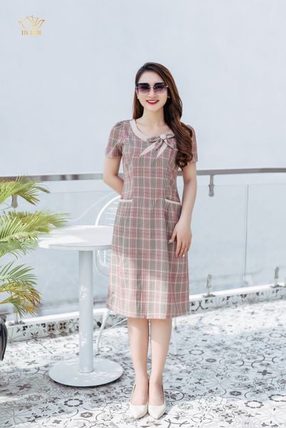 Đầm suông - Cổ tròn kết nơ tay ngắn - CT - Hồng caro - TTV1162