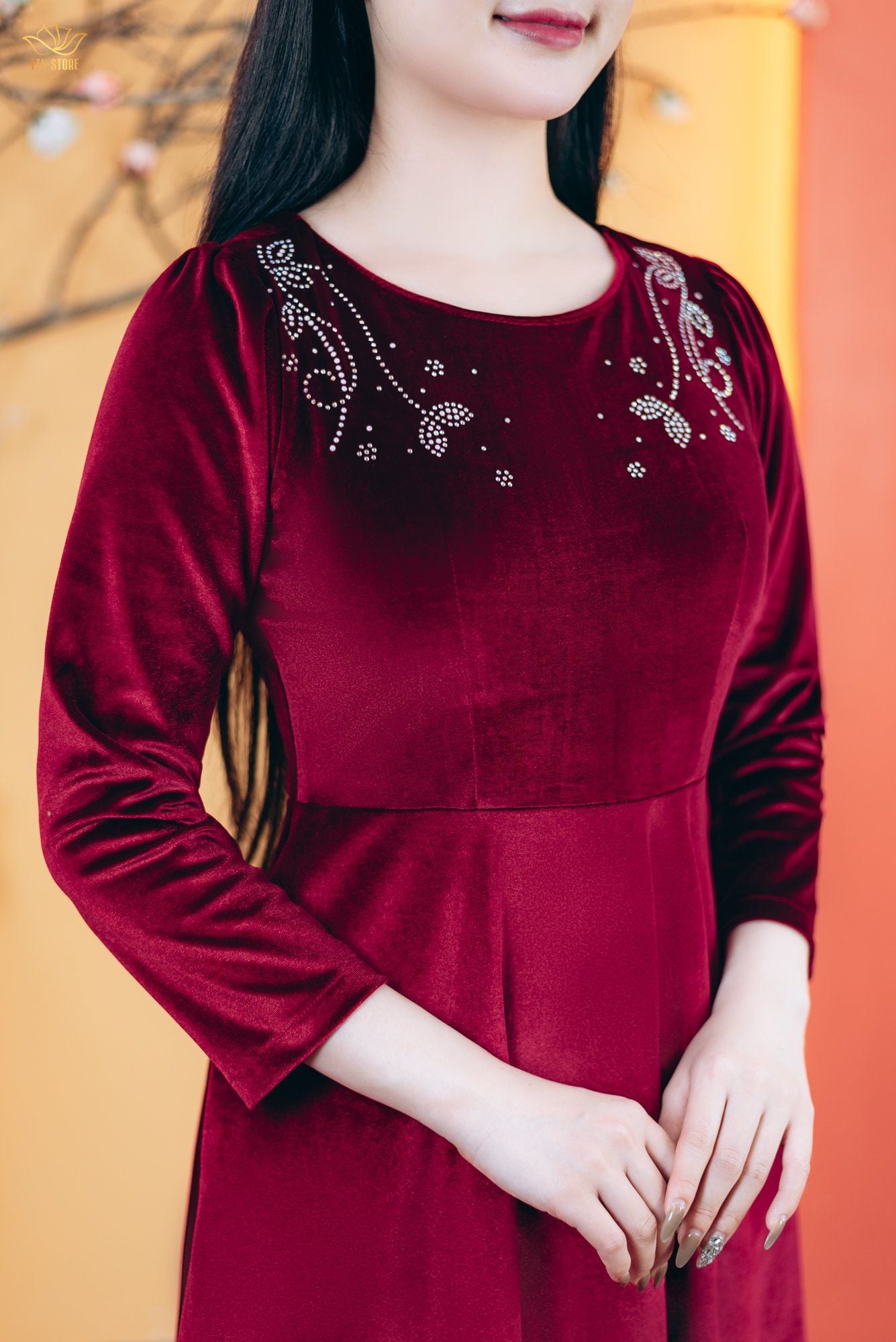 Đầm xòe - Cổ tròn đính hạt đá tay lỡ - AH - Đỏ đô - TTV1784