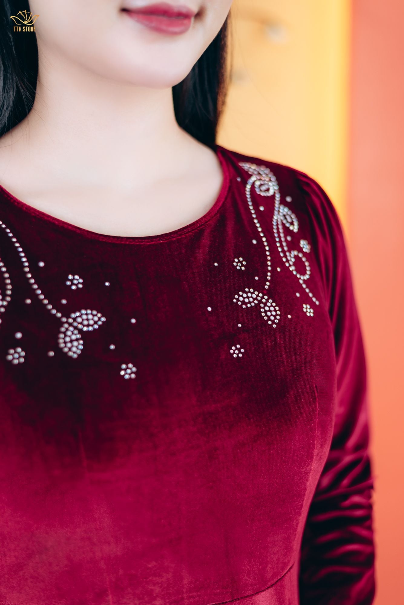 Đầm xòe - Cổ tròn đính hạt đá tay lỡ - AH - Đỏ đô - TTV1784