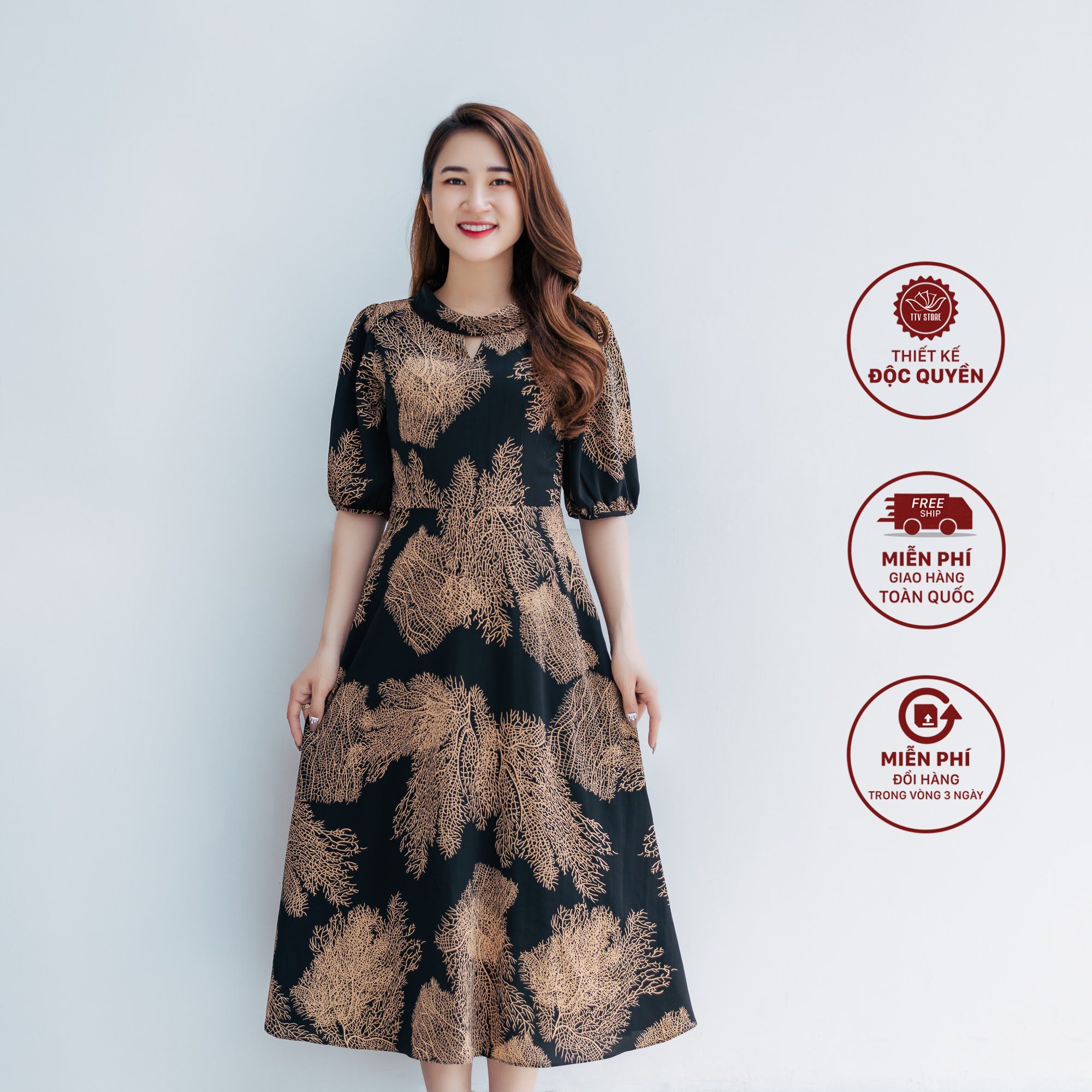 Maxi - Cổ tròn khoét V tay lỡ - CT - Đen lá nâu - TTV1161