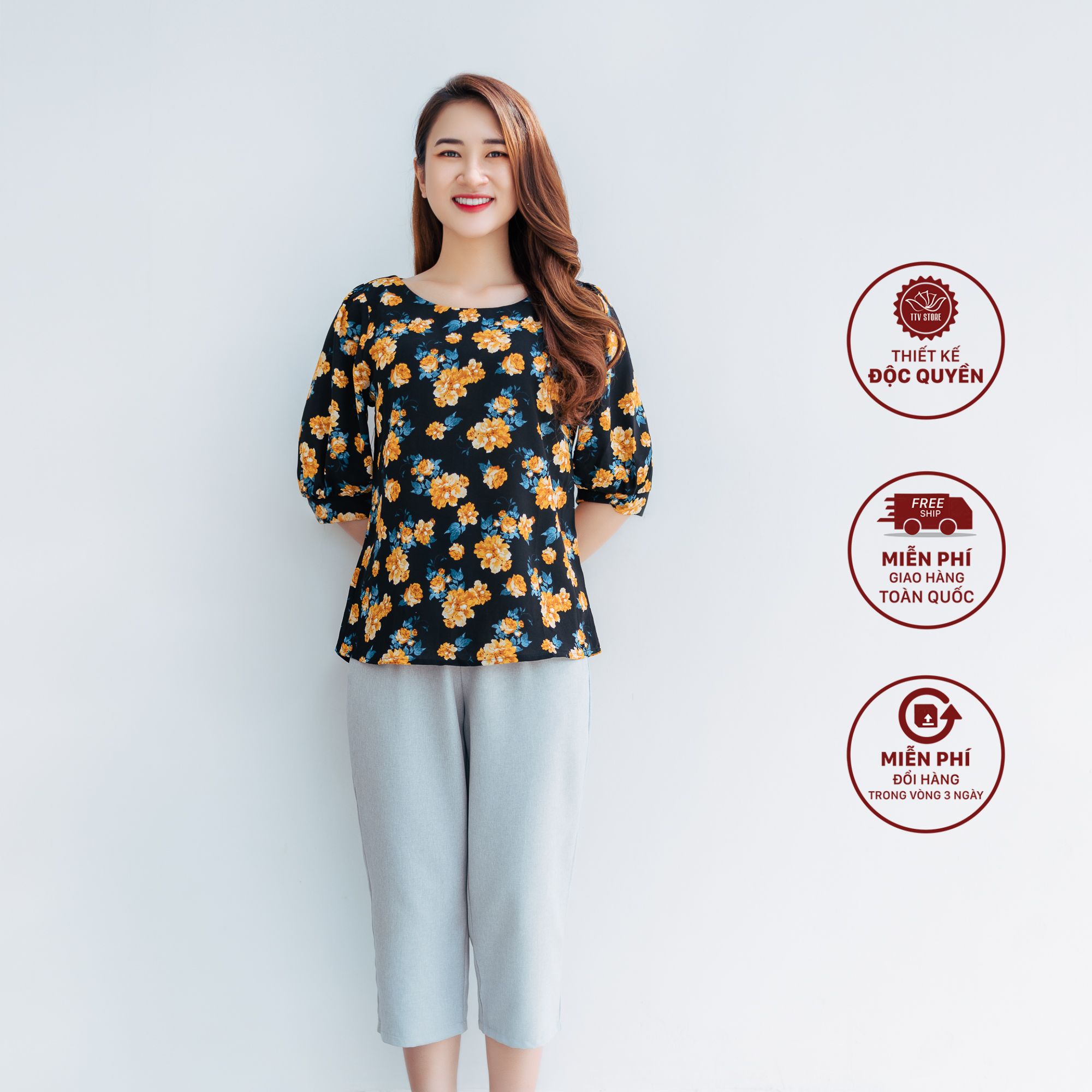 Áo - Cổ tròn tay lỡ - CT - Đen hoa vàng - TTV1166