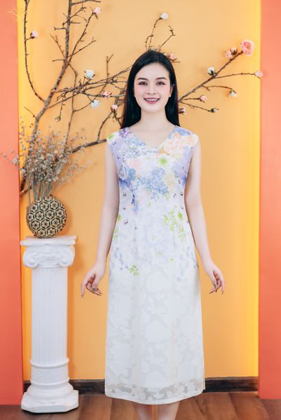 Đầm suông A - Cổ tim tay sát nách - CT - Kem hoa - TTV1815
