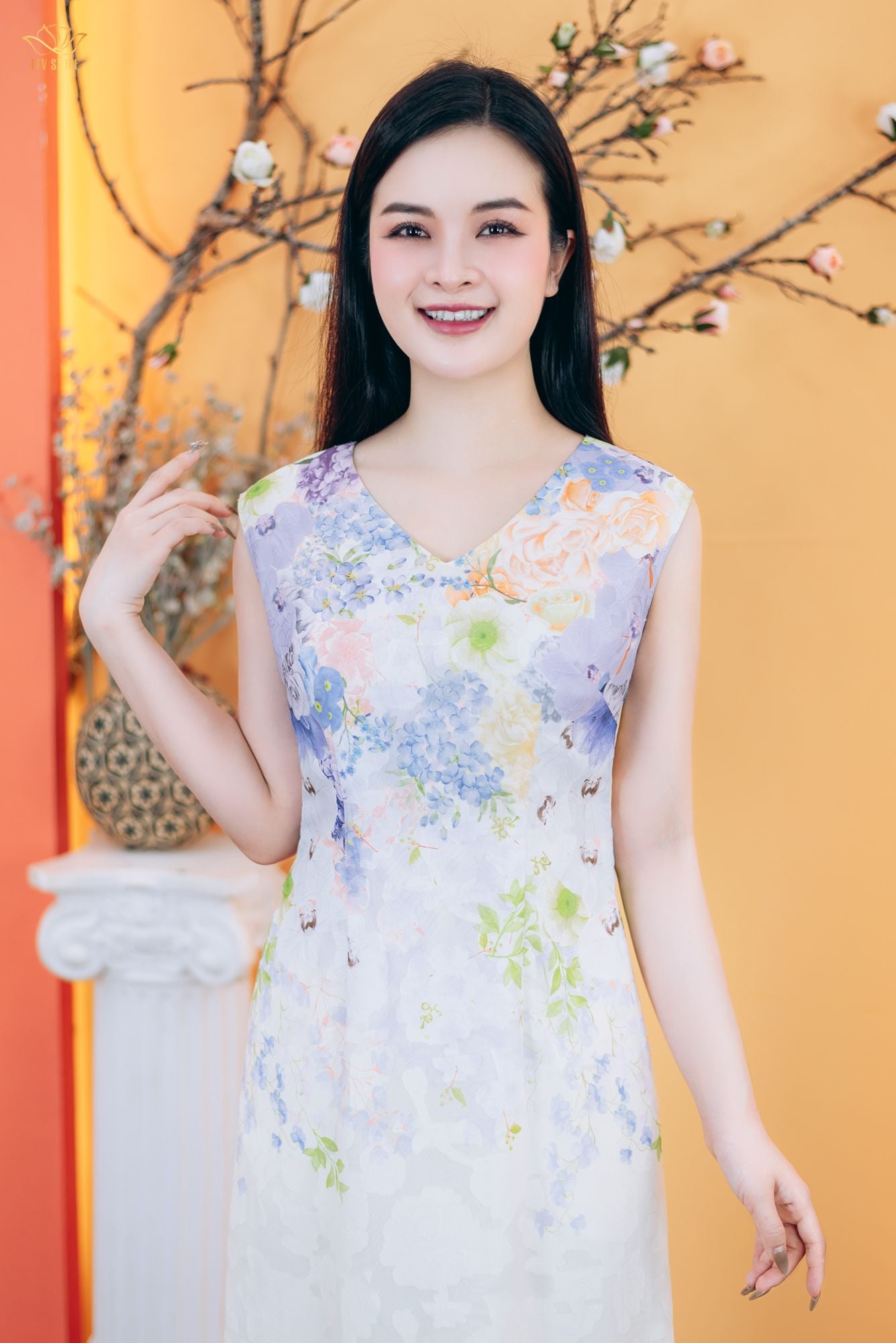 Đầm suông A - Cổ tim tay sát nách - CT - Kem hoa - TTV1815