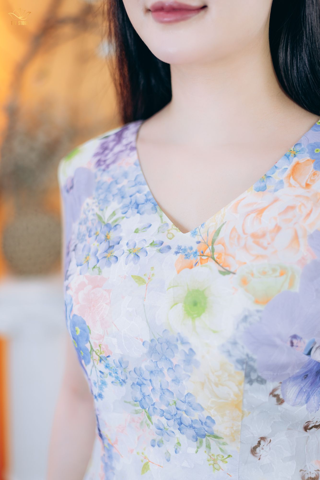 Đầm suông A - Cổ tim tay sát nách - CT - Kem hoa - TTV1815