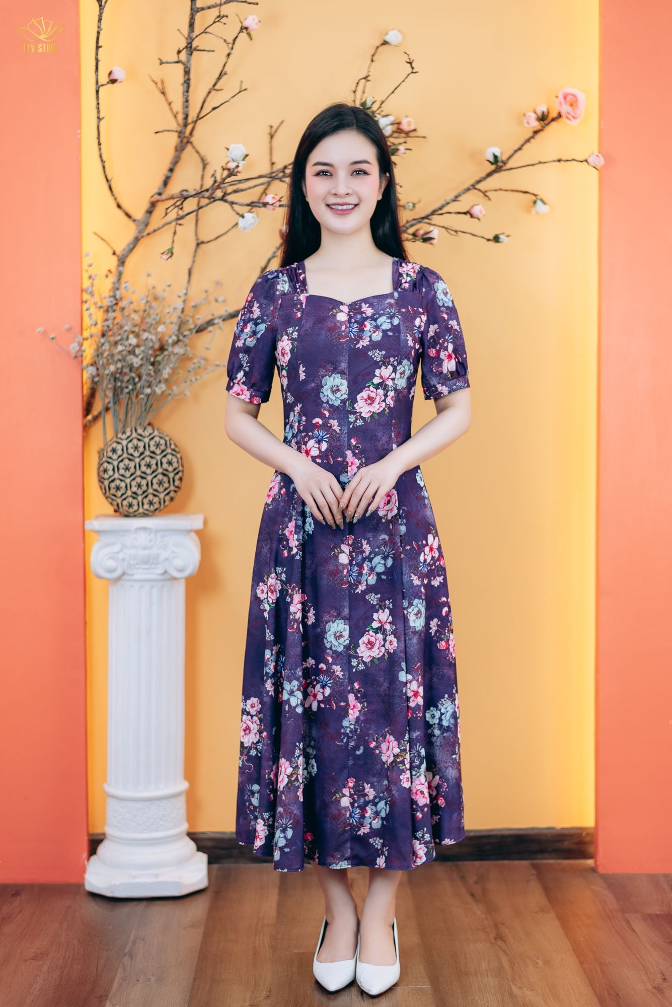 Đầm xòe 8 mảnh - Cổ vuông tim tay ngắn - AH - Tím hoa - TTV1767