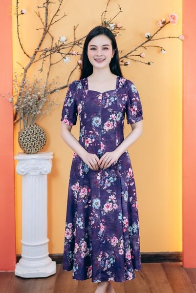 Đầm xòe 8 mảnh - Cổ vuông tim tay ngắn - AH - Tím hoa - TTV1767