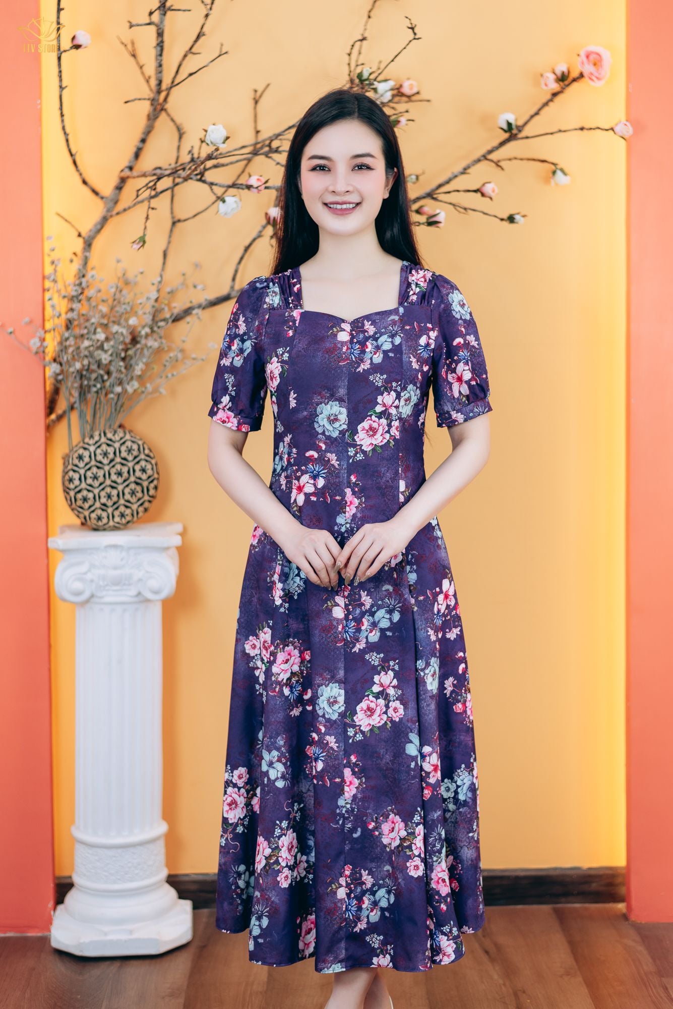 Đầm xòe 8 mảnh - Cổ vuông tim tay ngắn - AH - Tím hoa - TTV1767