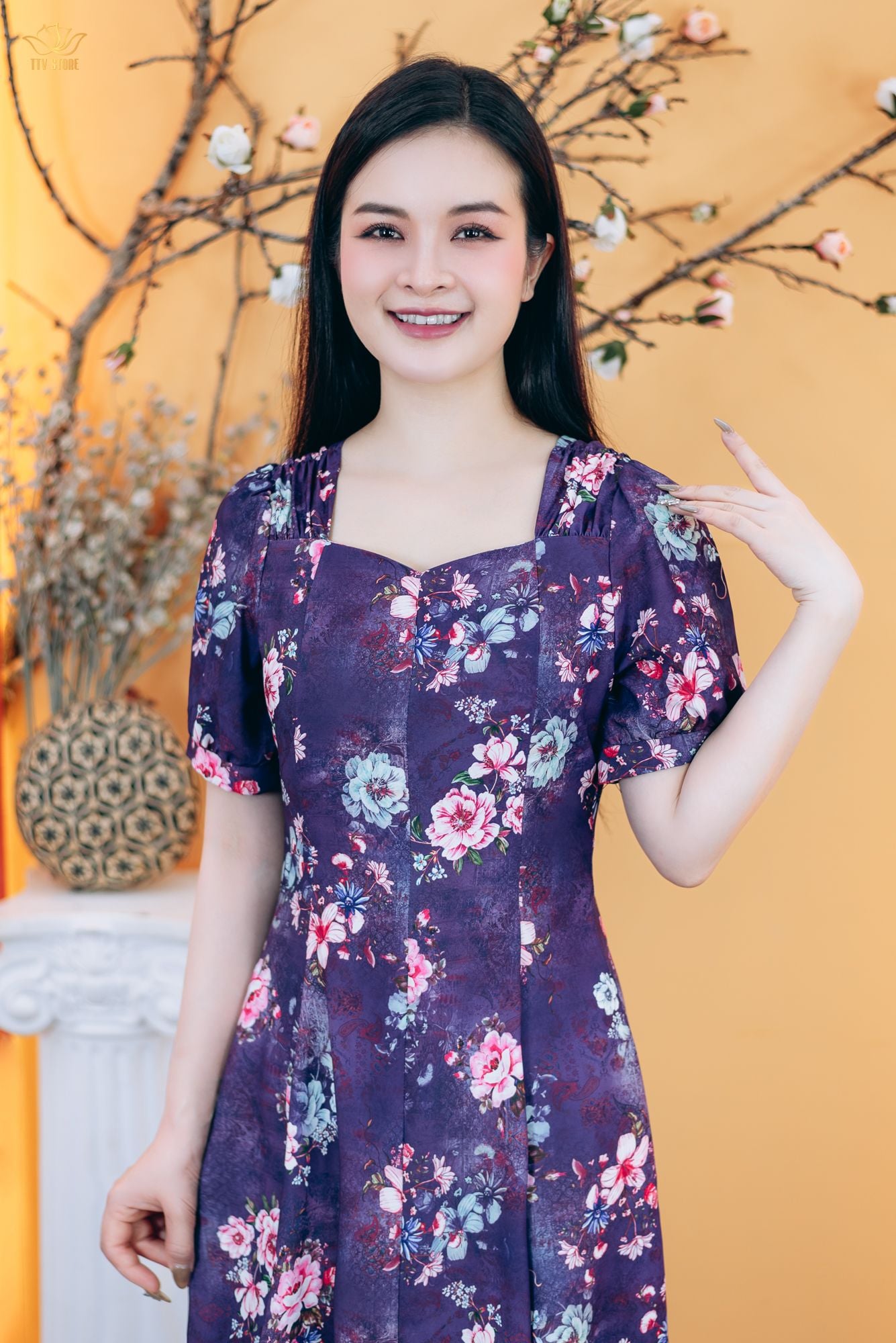 Đầm xòe 8 mảnh - Cổ vuông tim tay ngắn - AH - Tím hoa - TTV1767