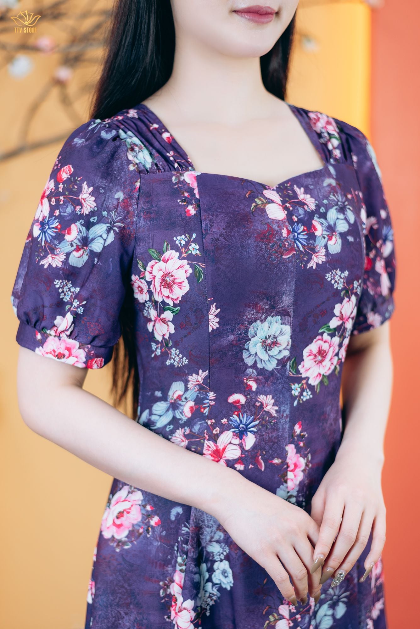 Đầm xòe 8 mảnh - Cổ vuông tim tay ngắn - AH - Tím hoa - TTV1767