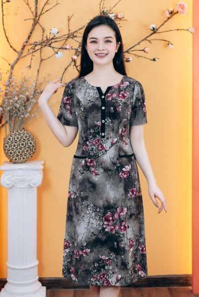 Đầm suông - Cổ tròn khoét V kết nút tay ngắn - CD - Xám hoa - TTV1764