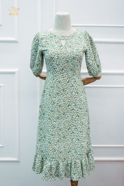 Đầm form A - Cổ tròn khoét V tay lỡ - CT - Xanh hoa nhí - TTV1165