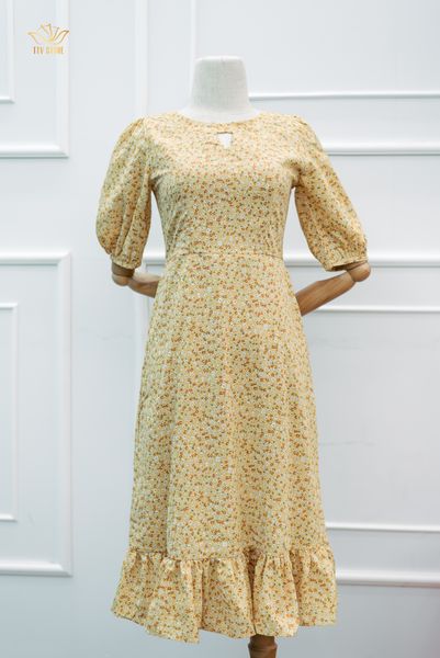 Đầm form A - Cổ tròn khoét V tay lỡ - CT - Vàng hoa nhí - TTV1164