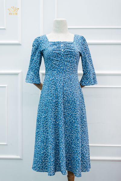 Đầm xoè - Cổ vuông kết nút tay loe - CV - Xanh hoa nhí trắng - TTV1182