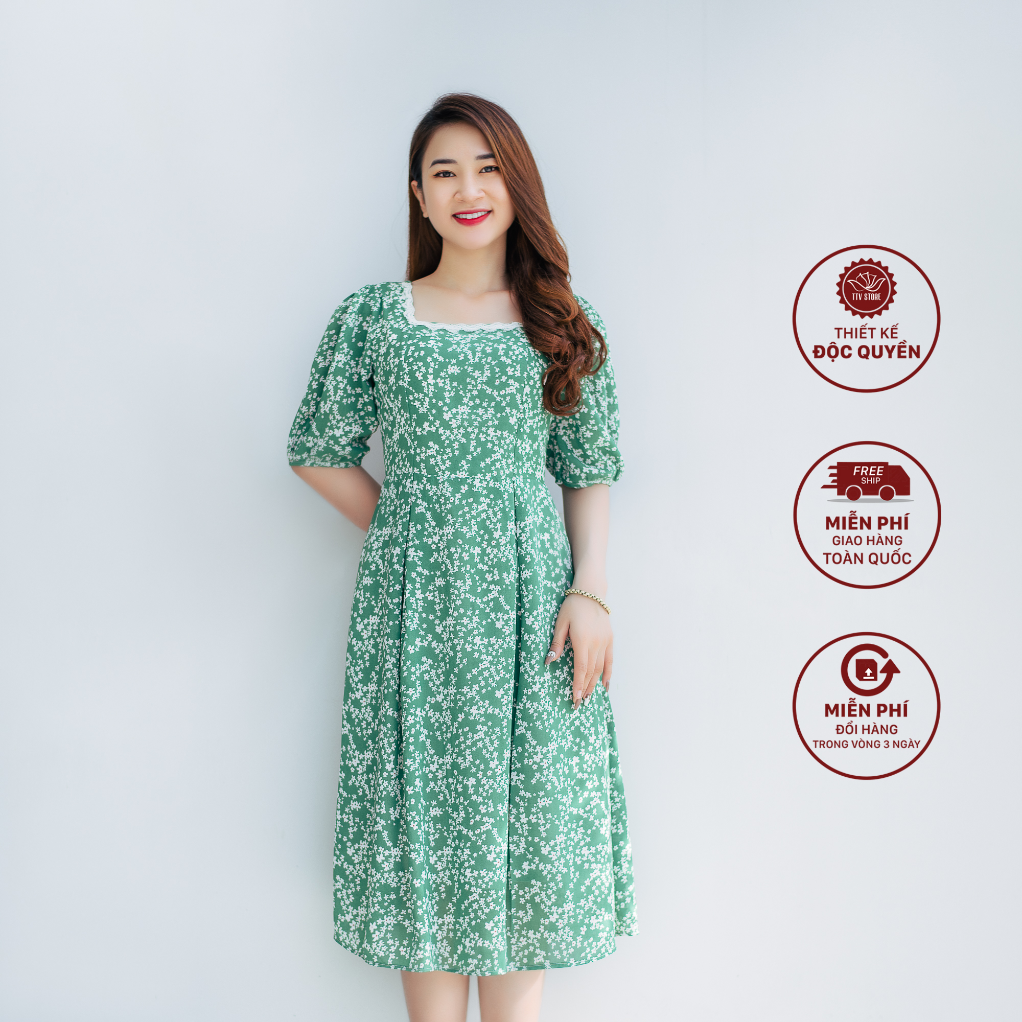 Đầm xoè - Cổ vuông phối ren tay lỡ - AH - Xanh hoa nhí trắng - TTV1185