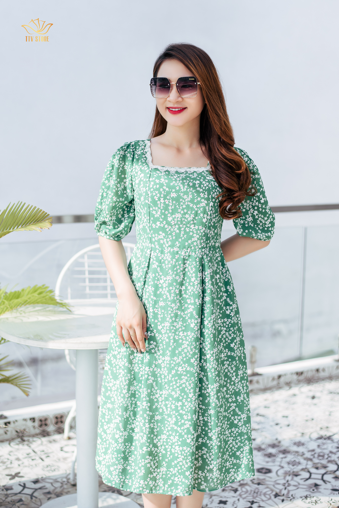 Đầm xoè - Cổ vuông phối ren tay lỡ - AH - Xanh hoa nhí trắng - TTV1185
