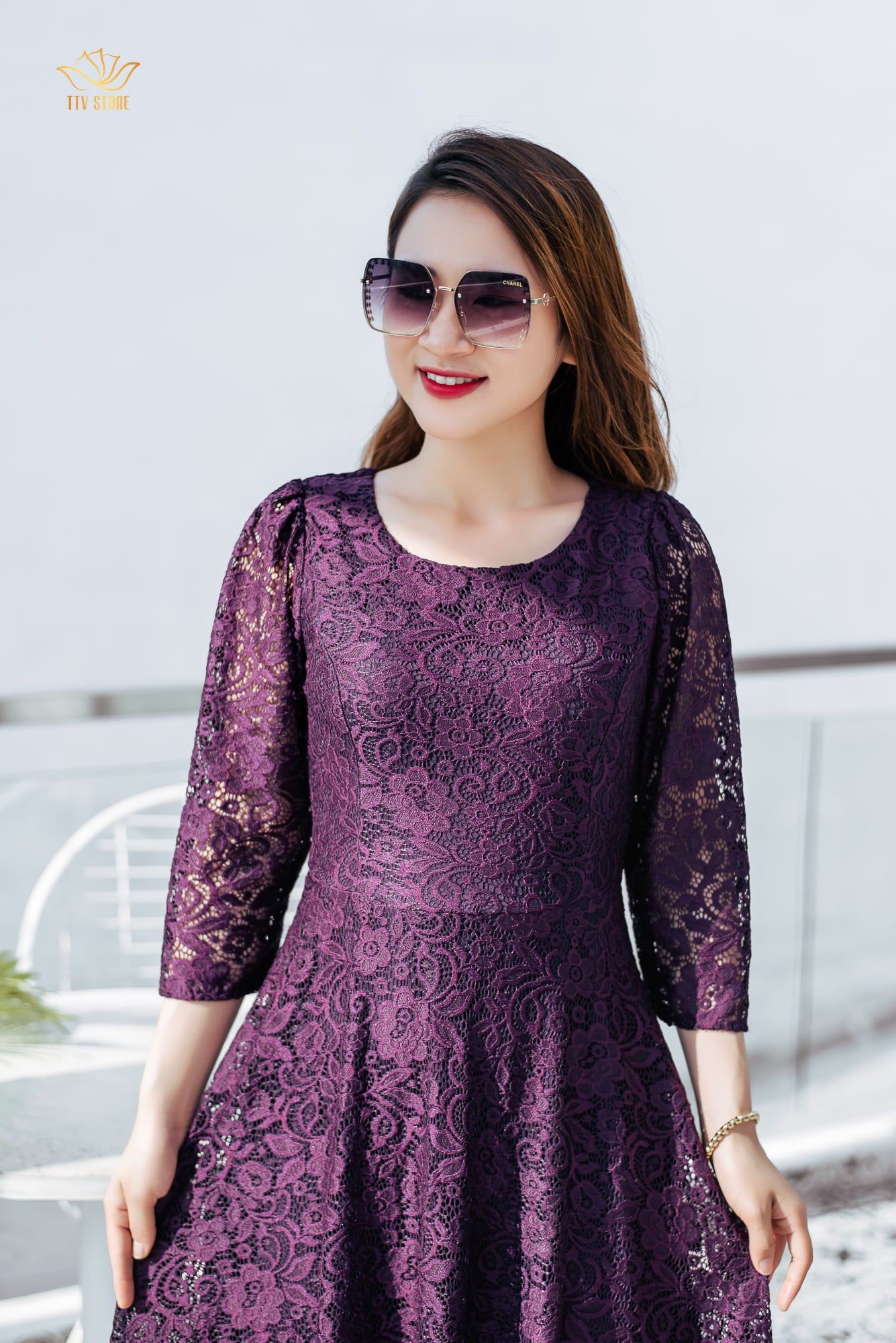 Đầm xoè - Cổ tròn tay lỡ - Ren tím - TTV1178