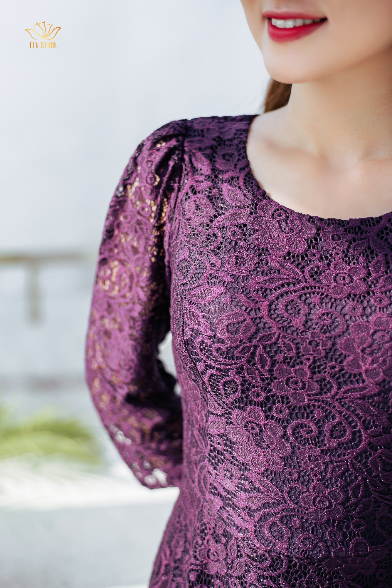 Đầm xoè - Cổ tròn tay lỡ - Ren tím - TTV1178