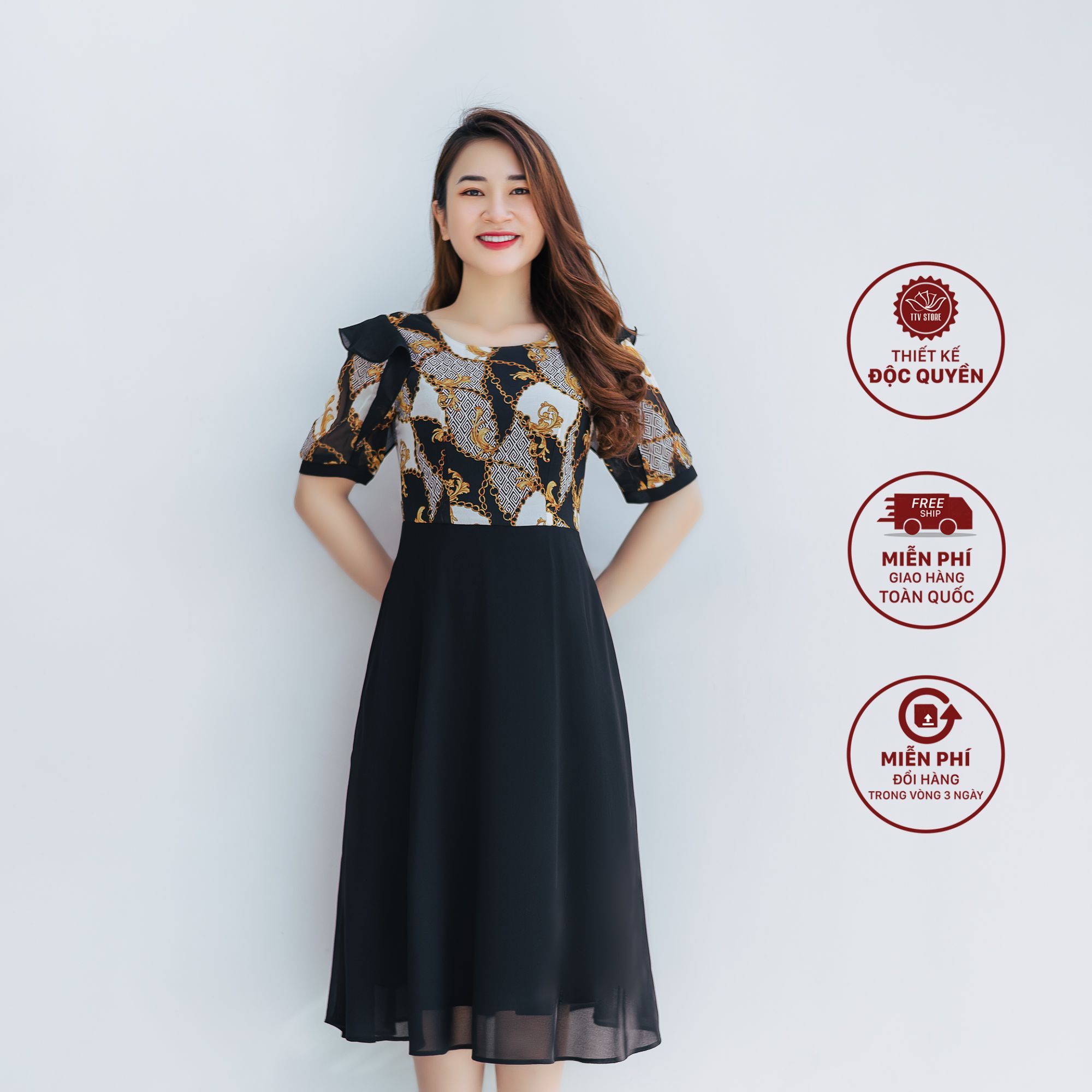 Đầm xoè - Cổ tròn tay bèo - CV - Đen hoạ tiết - TTV1186