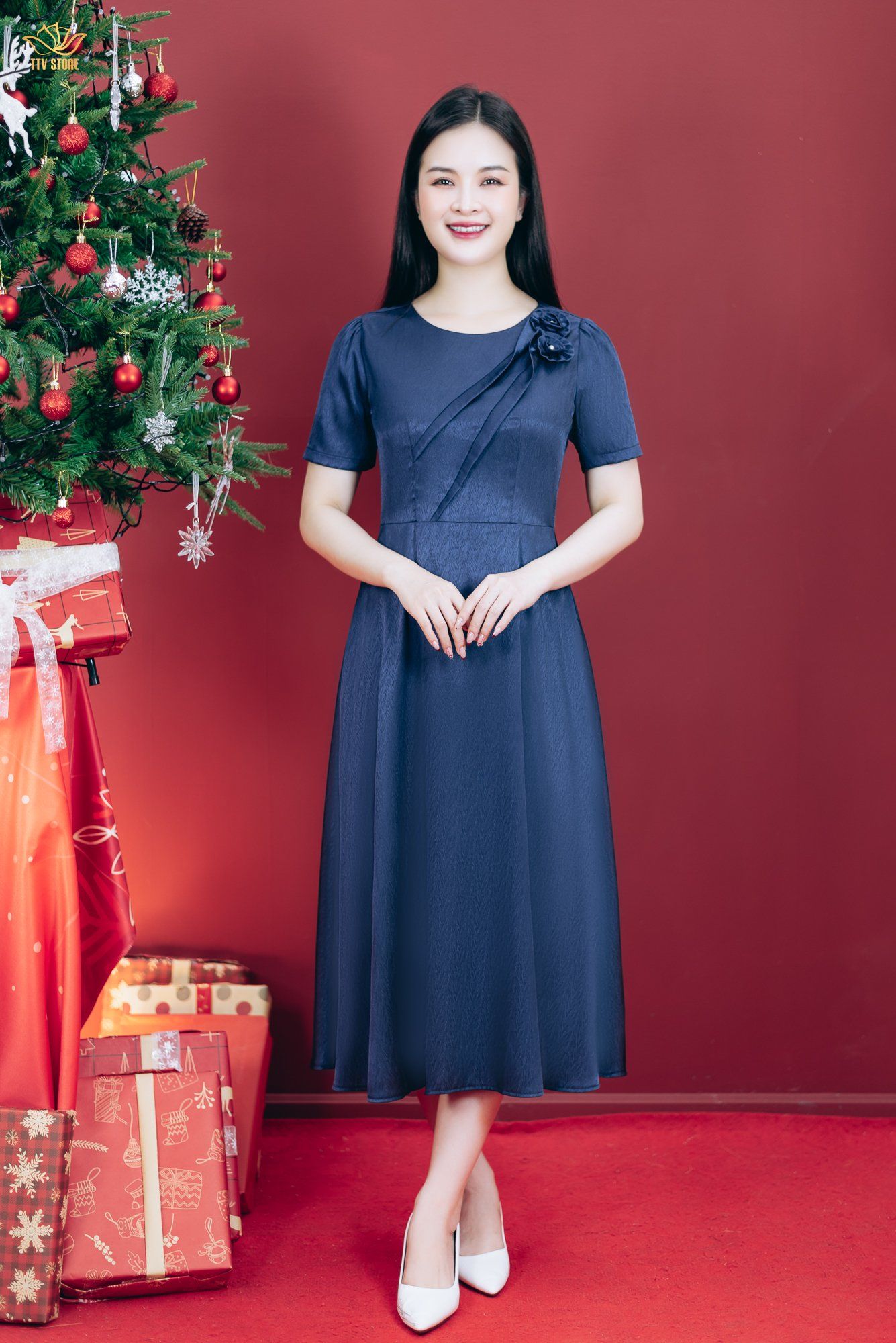 Đầm xòe - Cổ tròn kết hoa tay ngắn - CV - Xanh đen - TTV1790