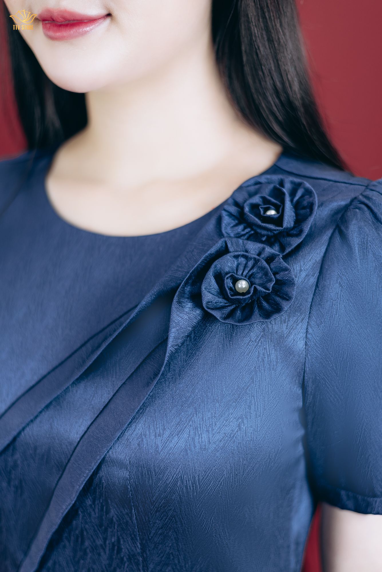 Đầm xòe - Cổ tròn kết hoa tay ngắn - CV - Xanh đen - TTV1790