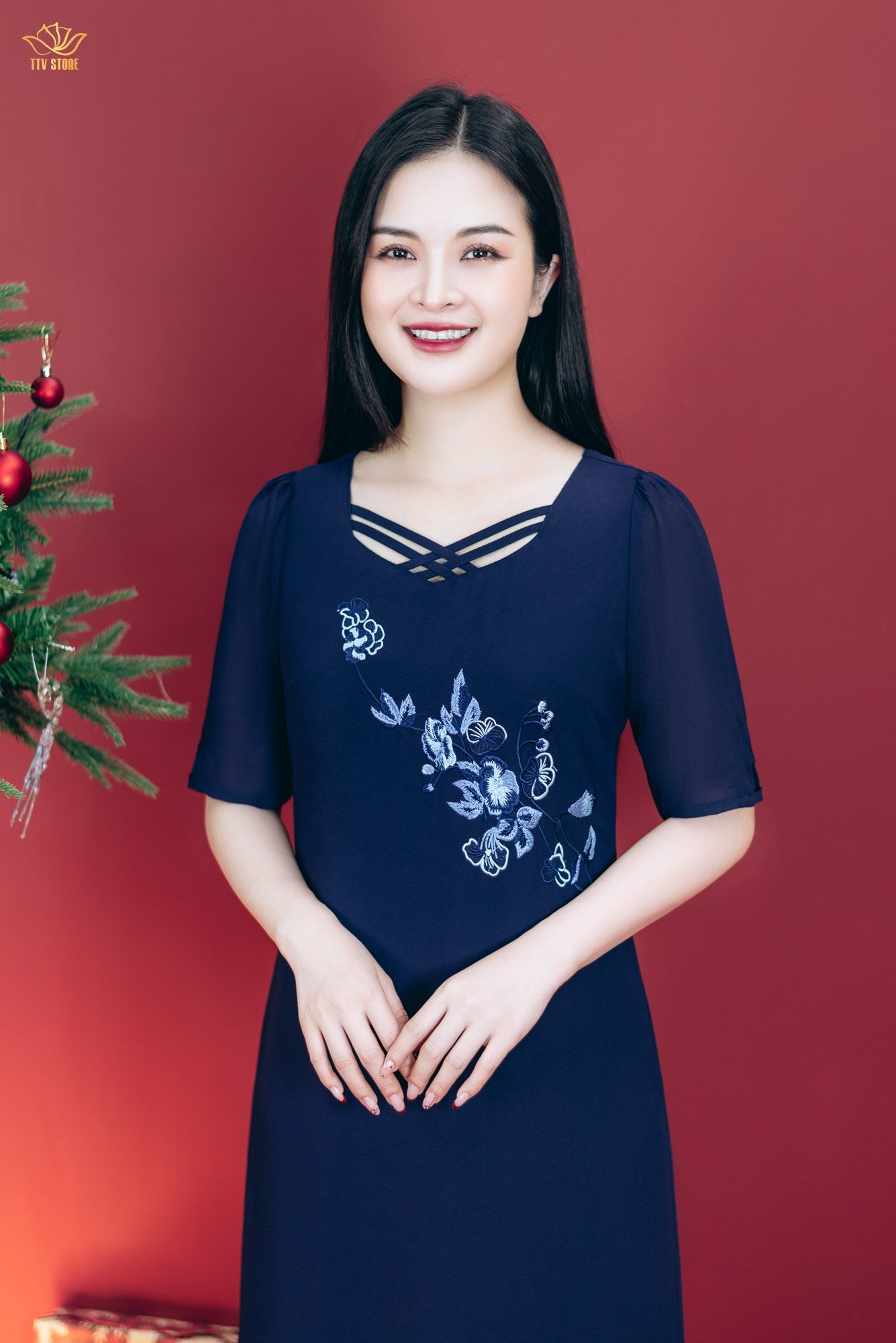 Đầm suông - Cổ vuông tim đan dây thêu hoa tay lỡ - CD - Xanh đen - TTV1808