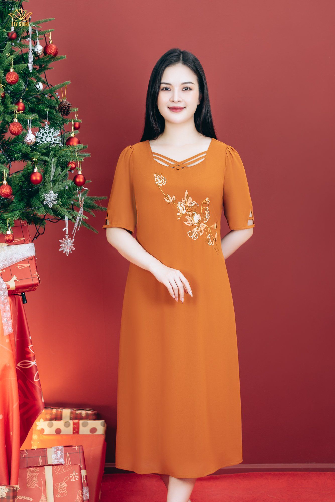 Đầm suông - Cổ vuông tim đan dây thêu hoa tay lỡ - CD - Cam đất - TTV1808