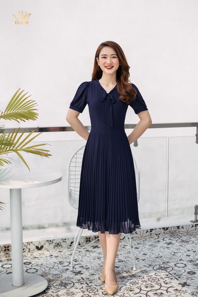 Đầm xòe - Cổ cột nơ chân váy dập ly - CT - Xanh tím - TTV916