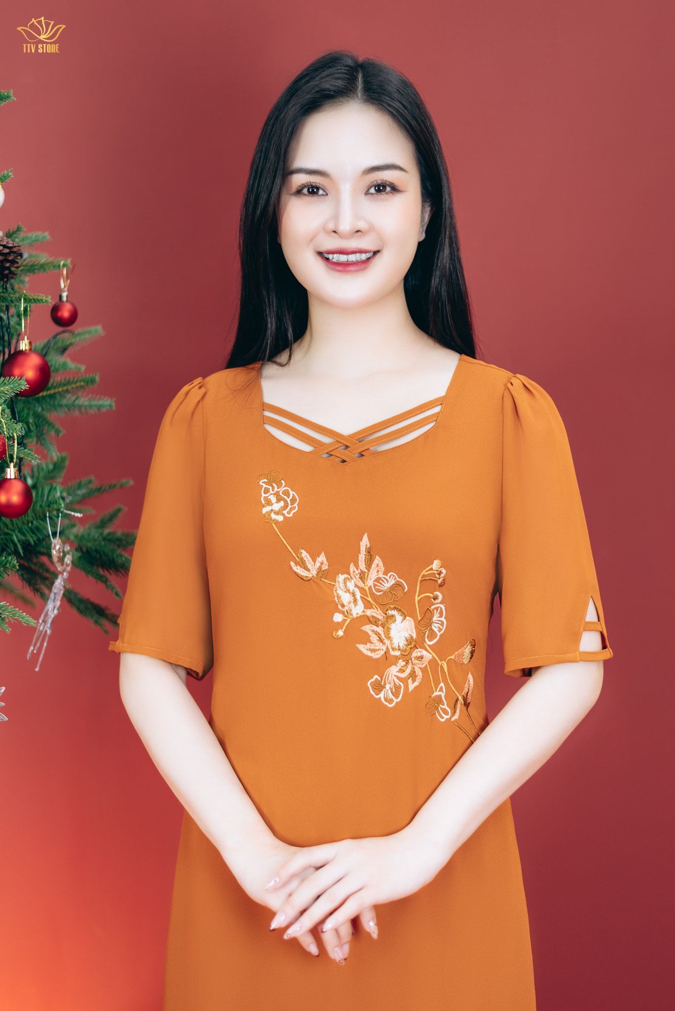 Đầm suông - Cổ vuông tim đan dây thêu hoa tay lỡ - CD - Cam đất - TTV1808